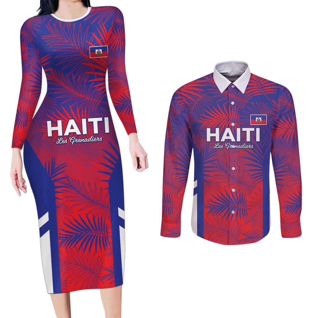 Custom Les Grenadiers Haiti Football Couples Matching Long Sleeve Bodycon Dress and Long Sleeve Button Shirt Tropical Vibes - Wonder Print Shop
