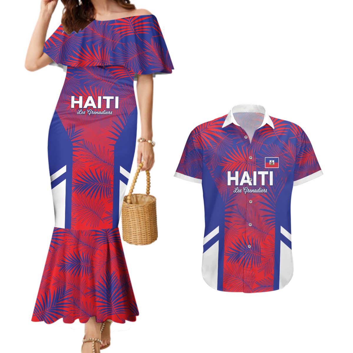 Custom Les Grenadiers Haiti Football Couples Matching Mermaid Dress and Hawaiian Shirt Tropical Vibes - Wonder Print Shop