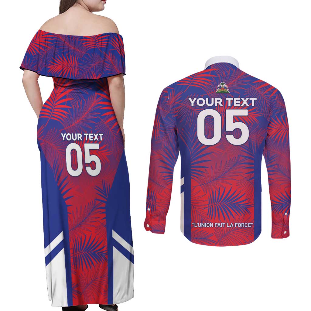 Custom Les Grenadiers Haiti Football Couples Matching Off Shoulder Maxi Dress and Long Sleeve Button Shirt Tropical Vibes - Wonder Print Shop