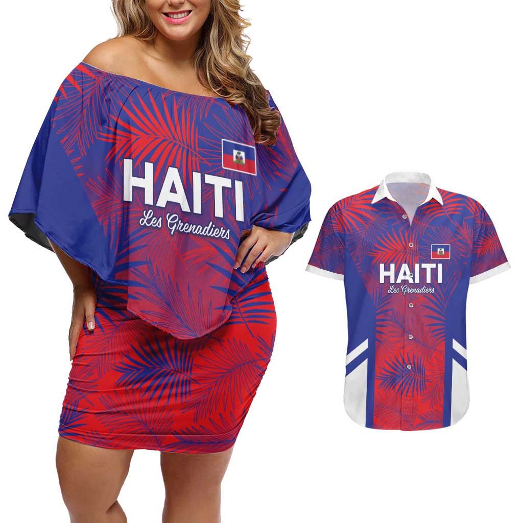 Custom Les Grenadiers Haiti Football Couples Matching Off Shoulder Short Dress and Hawaiian Shirt Tropical Vibes - Wonder Print Shop