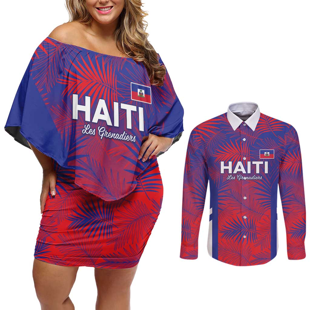 Custom Les Grenadiers Haiti Football Couples Matching Off Shoulder Short Dress and Long Sleeve Button Shirt Tropical Vibes - Wonder Print Shop