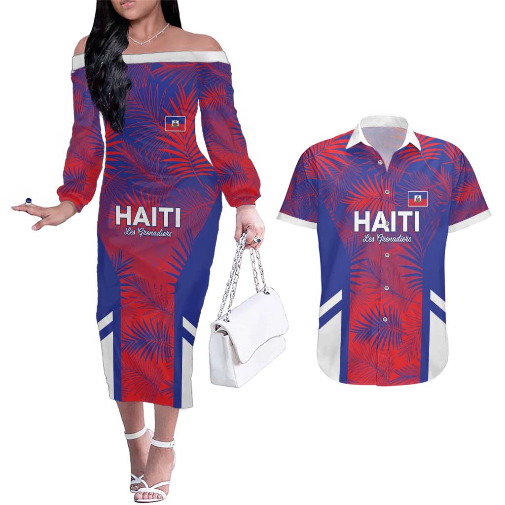 Custom Les Grenadiers Haiti Football Couples Matching Off The Shoulder Long Sleeve Dress and Hawaiian Shirt Tropical Vibes - Wonder Print Shop