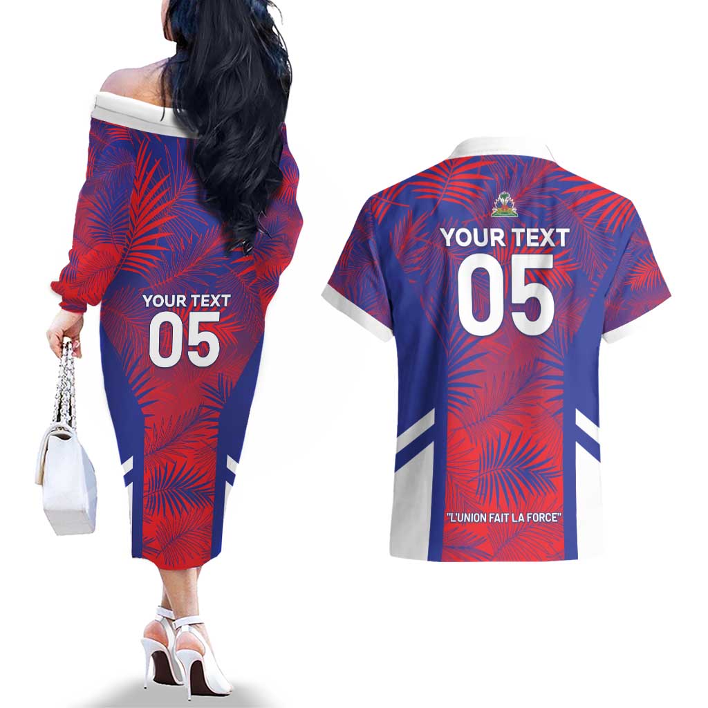 Custom Les Grenadiers Haiti Football Couples Matching Off The Shoulder Long Sleeve Dress and Hawaiian Shirt Tropical Vibes - Wonder Print Shop