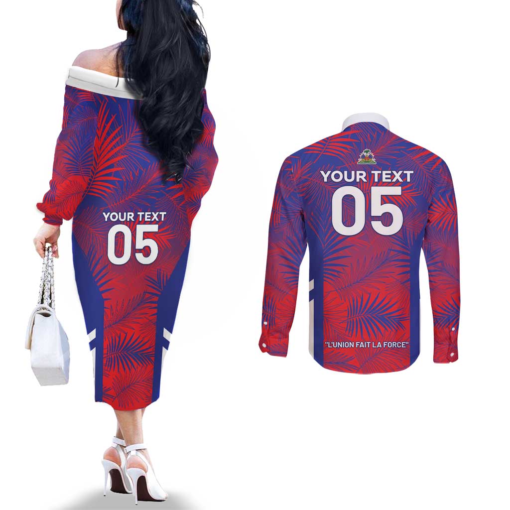 Custom Les Grenadiers Haiti Football Couples Matching Off The Shoulder Long Sleeve Dress and Long Sleeve Button Shirt Tropical Vibes - Wonder Print Shop
