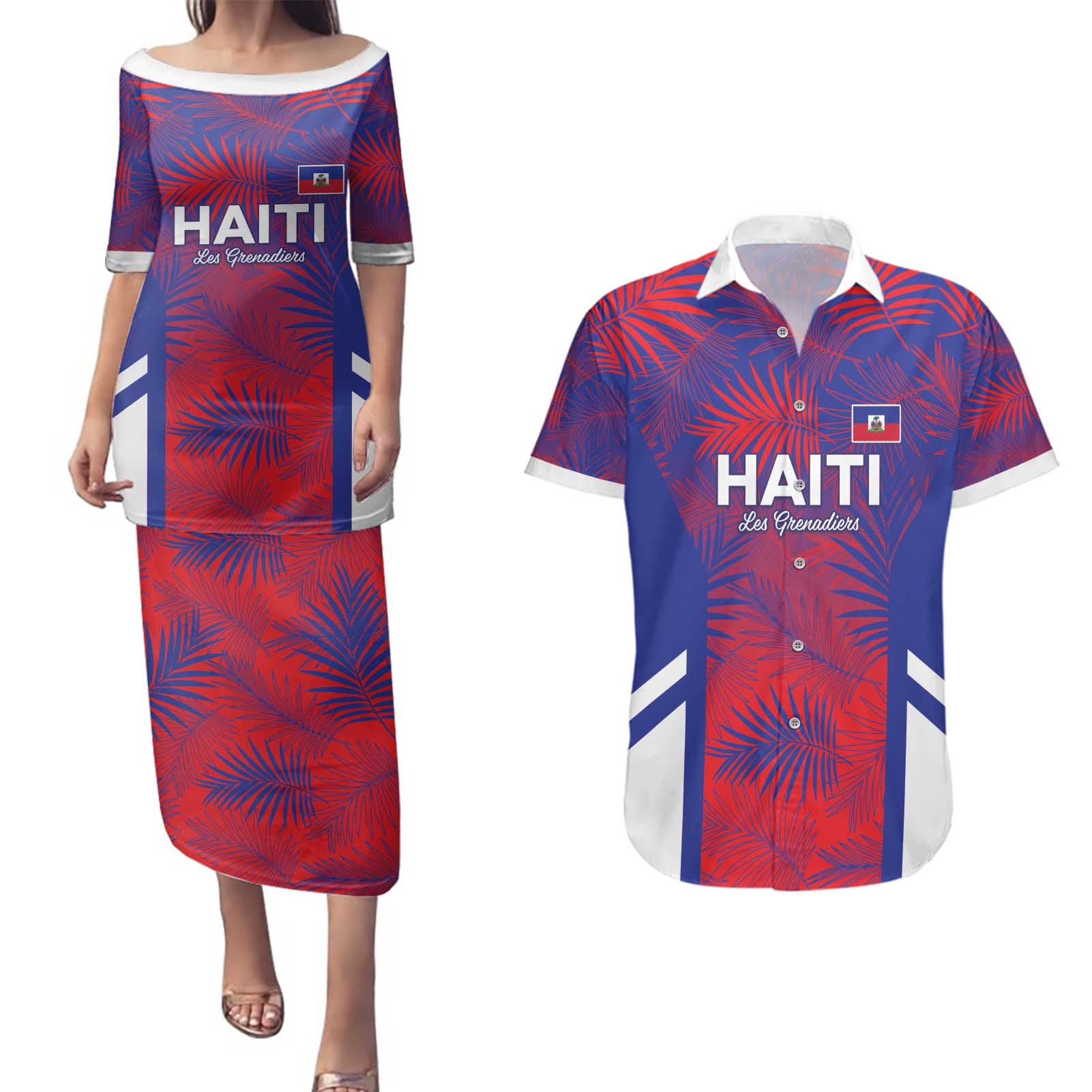 Custom Les Grenadiers Haiti Football Couples Matching Puletasi and Hawaiian Shirt Tropical Vibes - Wonder Print Shop