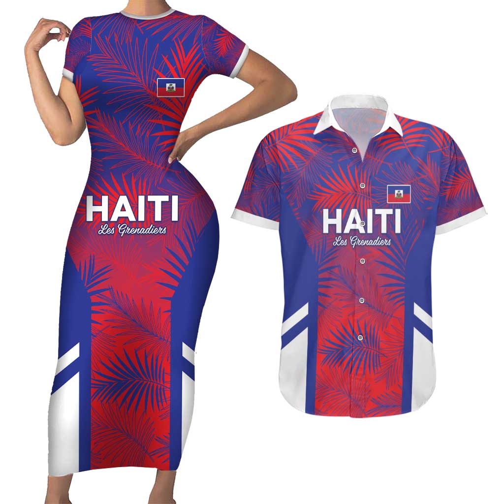 Custom Les Grenadiers Haiti Football Couples Matching Short Sleeve Bodycon Dress and Hawaiian Shirt Tropical Vibes - Wonder Print Shop