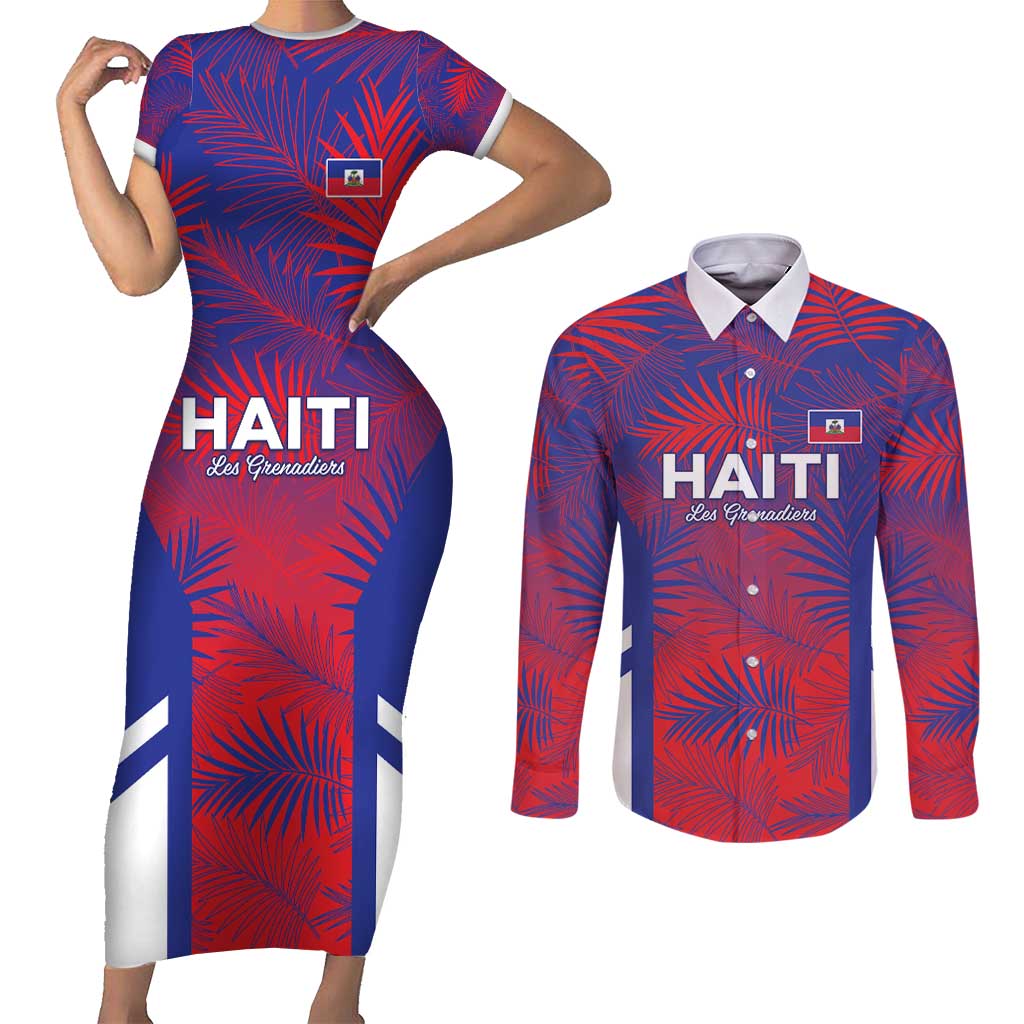 Custom Les Grenadiers Haiti Football Couples Matching Short Sleeve Bodycon Dress and Long Sleeve Button Shirt Tropical Vibes - Wonder Print Shop