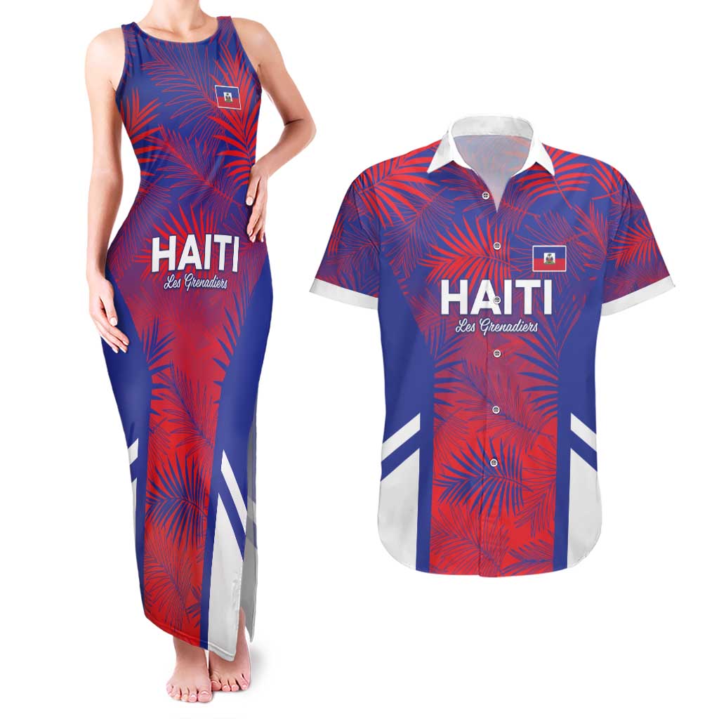 Custom Les Grenadiers Haiti Football Couples Matching Tank Maxi Dress and Hawaiian Shirt Tropical Vibes - Wonder Print Shop