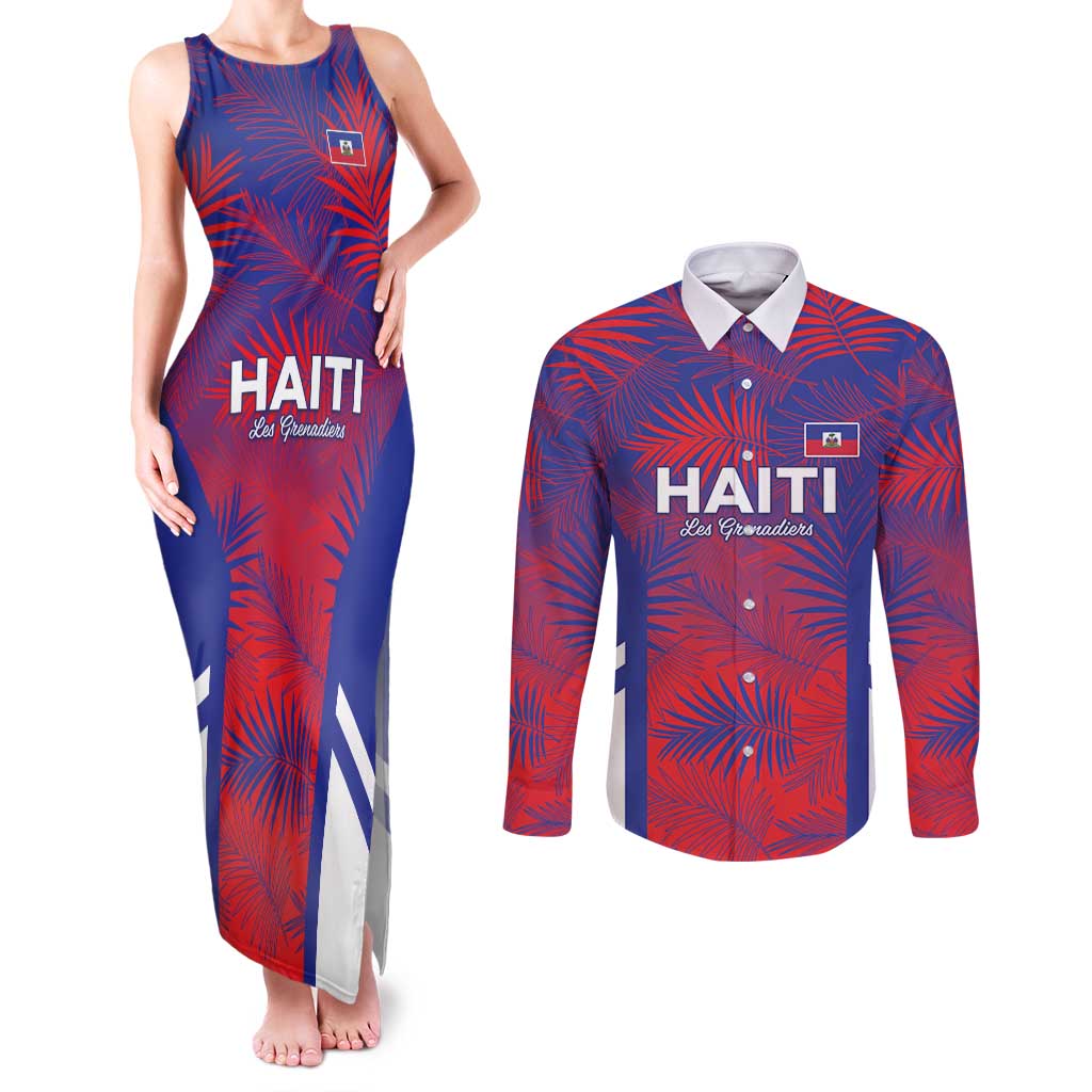 Custom Les Grenadiers Haiti Football Couples Matching Tank Maxi Dress and Long Sleeve Button Shirt Tropical Vibes - Wonder Print Shop