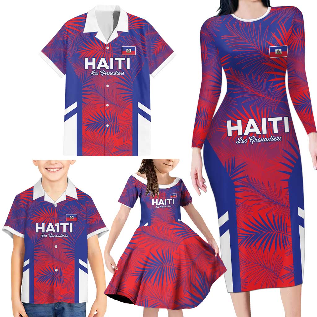 Custom Les Grenadiers Haiti Football Family Matching Long Sleeve Bodycon Dress and Hawaiian Shirt Tropical Vibes - Wonder Print Shop
