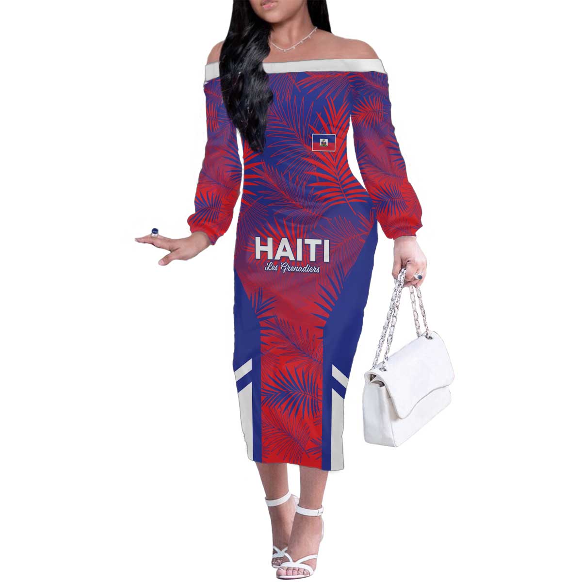 Custom Les Grenadiers Haiti Football Family Matching Off The Shoulder Long Sleeve Dress and Hawaiian Shirt Tropical Vibes - Wonder Print Shop