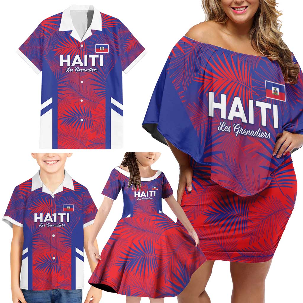 Custom Les Grenadiers Haiti Football Family Matching Off Shoulder Short Dress and Hawaiian Shirt Tropical Vibes - Wonder Print Shop