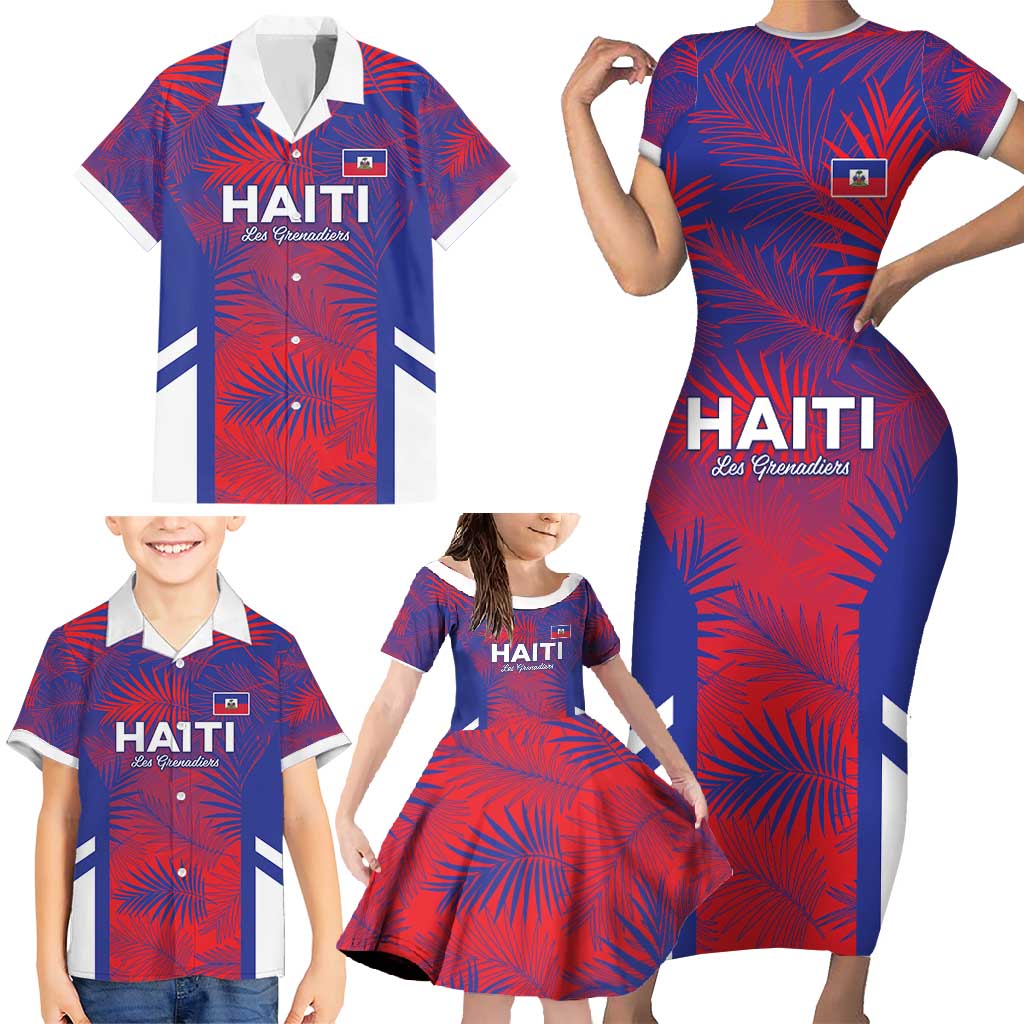 Custom Les Grenadiers Haiti Football Family Matching Short Sleeve Bodycon Dress and Hawaiian Shirt Tropical Vibes - Wonder Print Shop