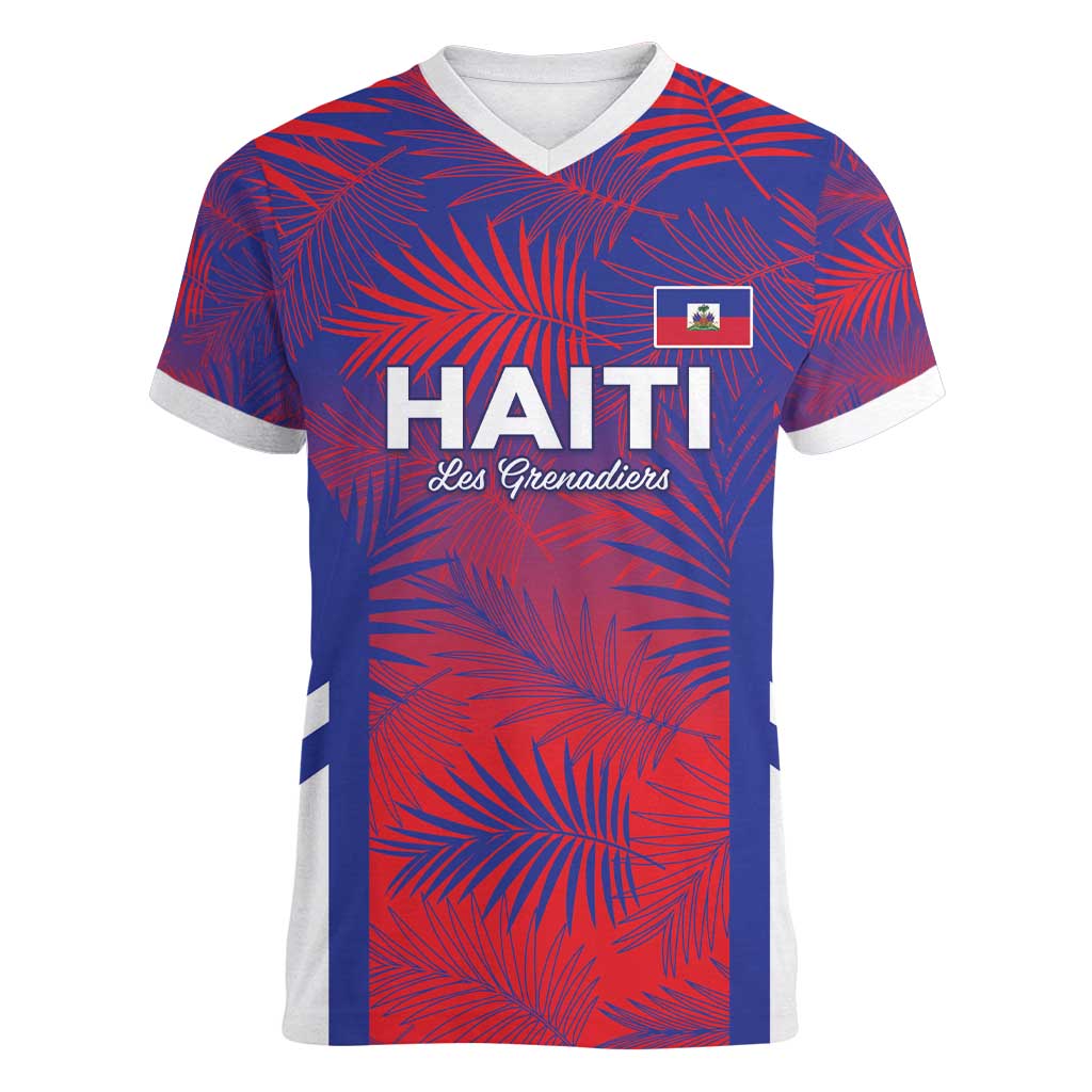 Custom Les Grenadiers Haiti Football Women V-Neck T-Shirt Tropical Vibes - Wonder Print Shop