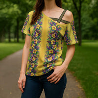 Aloha Hawaii Mardi Gras Cross Shoulder Shirt Gold Style