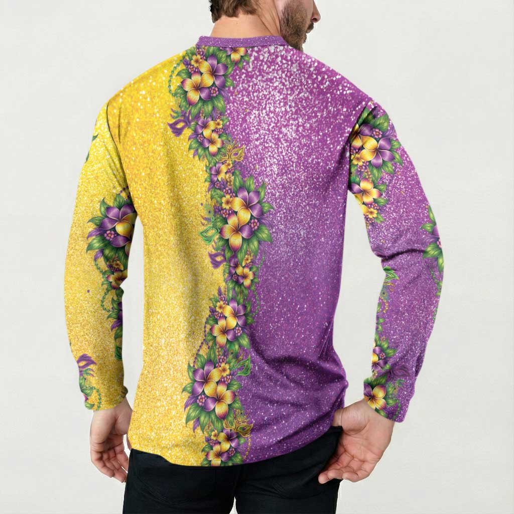 Hawaii Mardi Gras Button Sweatshirt Plumeria Lei Beads Glitter Style