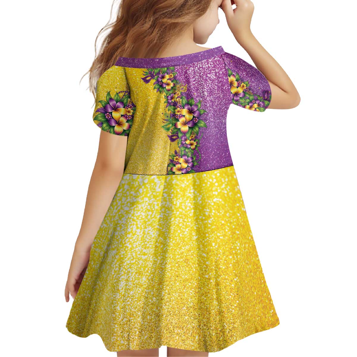Hawaii Mardi Gras Kid Short Sleeve Dress Plumeria Lei Beads Glitter Style