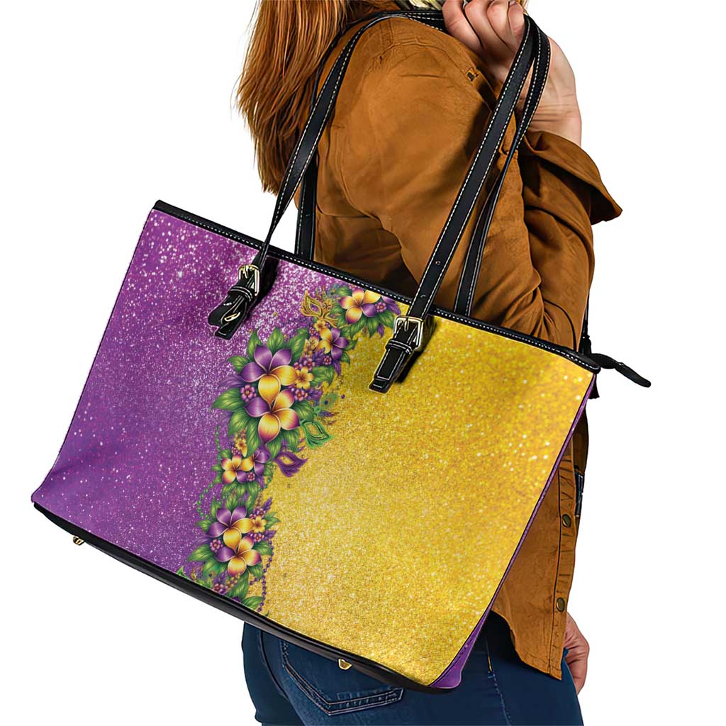 Hawaii Mardi Gras Leather Tote Bag Plumeria Lei Beads Glitter Style