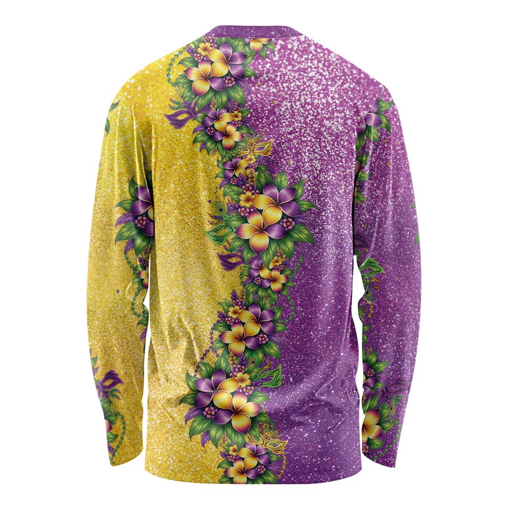 Hawaii Mardi Gras Long Sleeve Shirt Plumeria Lei Beads Glitter Style