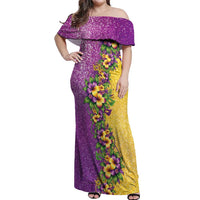 Hawaii Mardi Gras Off Shoulder Maxi Dress Plumeria Lei Beads Glitter Style