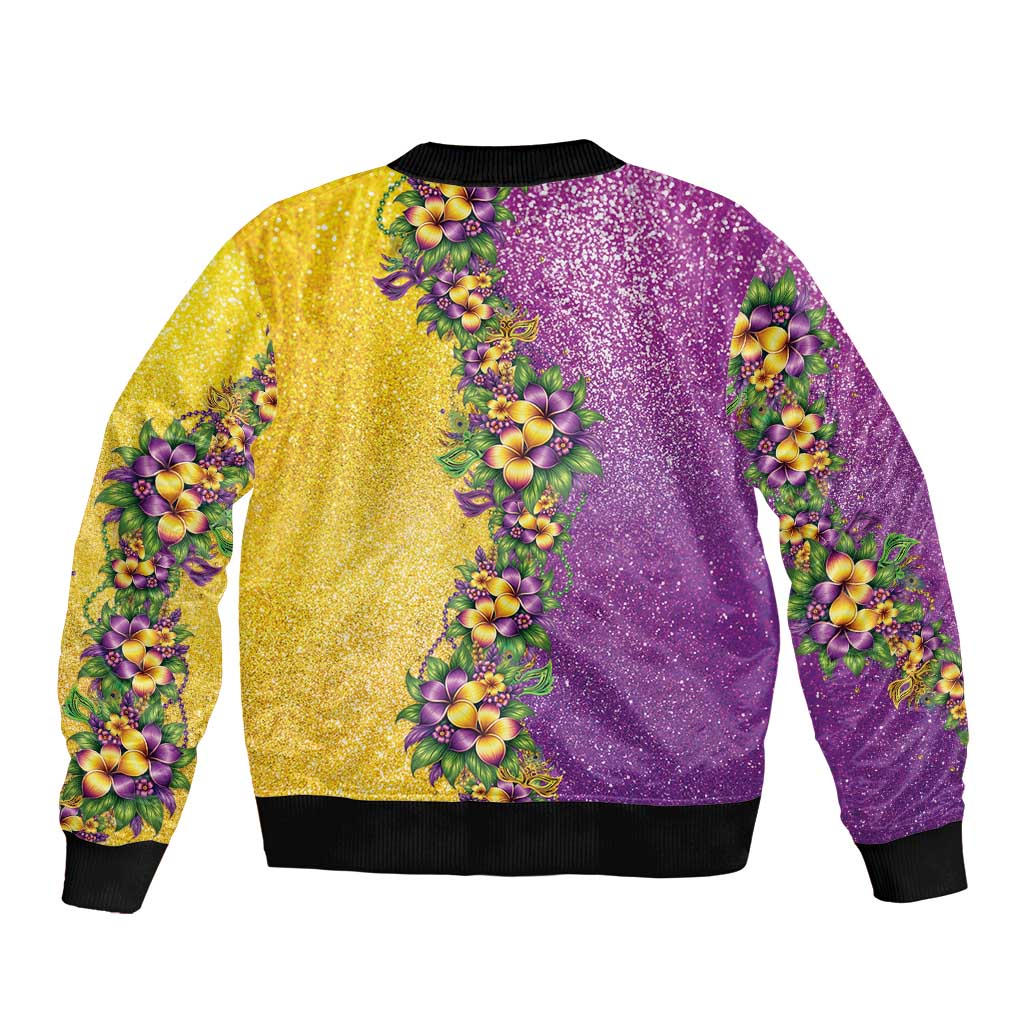 Hawaii Mardi Gras Sleeve Zip Bomber Jacket Plumeria Lei Beads Glitter Style