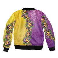Hawaii Mardi Gras Sleeve Zip Bomber Jacket Plumeria Lei Beads Glitter Style