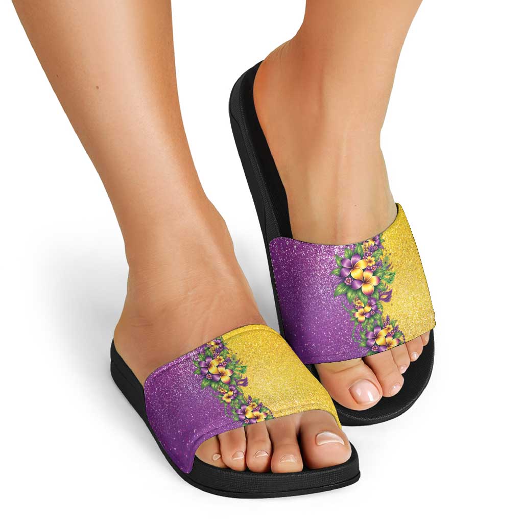 Hawaii Mardi Gras Slide Sandals Plumeria Lei Beads Glitter Style