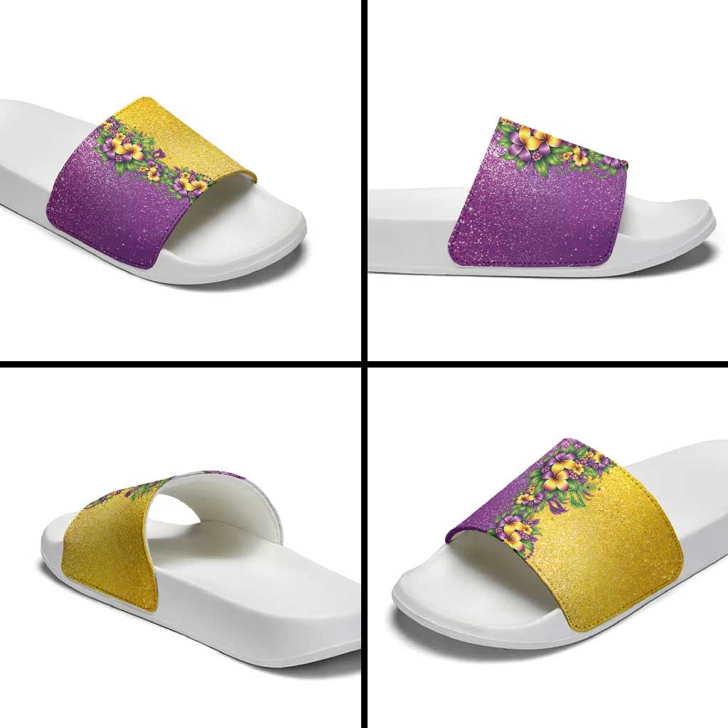 Hawaii Mardi Gras Slide Sandals Plumeria Lei Beads Glitter Style