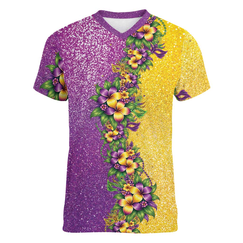 Hawaii Mardi Gras Women V-Neck T-Shirt Plumeria Lei Beads Glitter Style