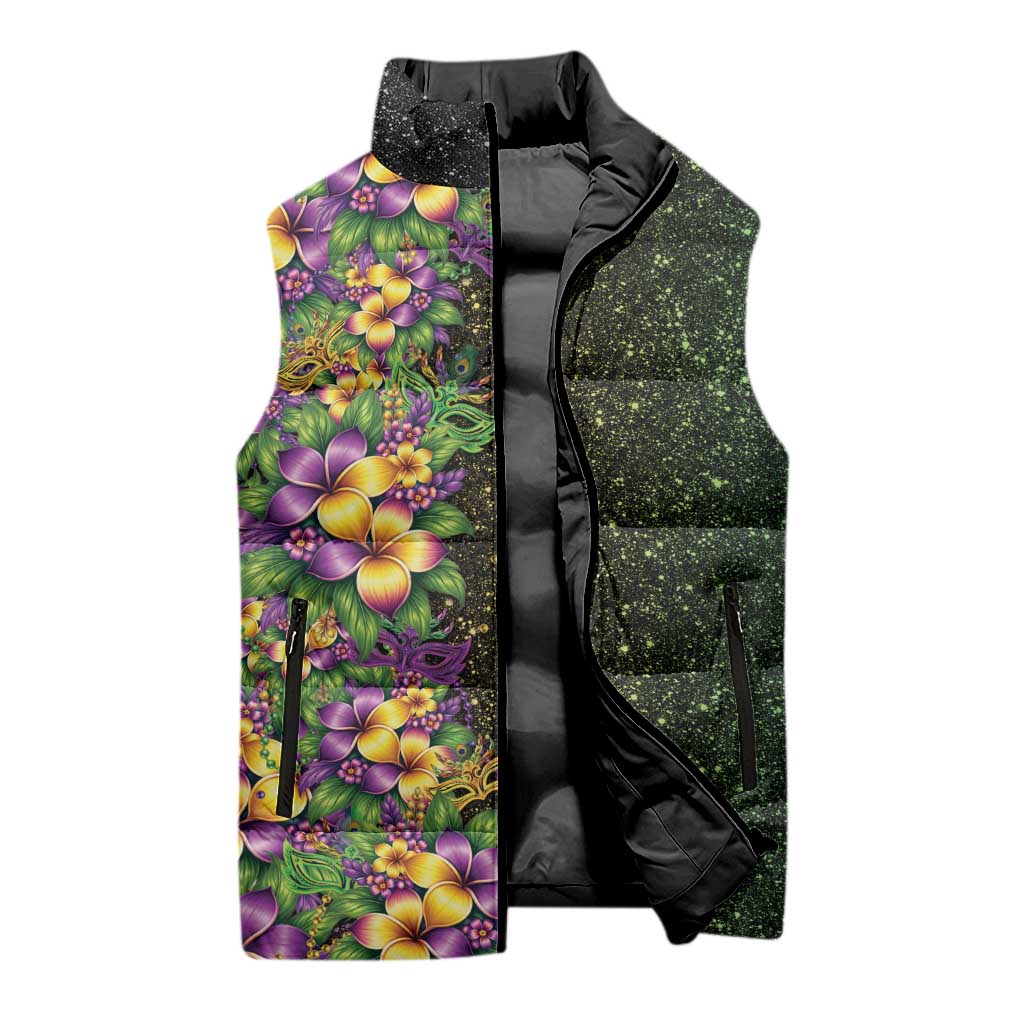 Hawaii Mardi Gras Sleeveless Puffer Jacket Tropical Flowers Glitter Style