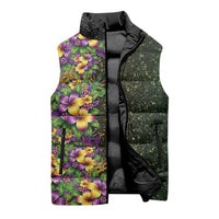 Hawaii Mardi Gras Sleeveless Puffer Jacket Tropical Flowers Glitter Style