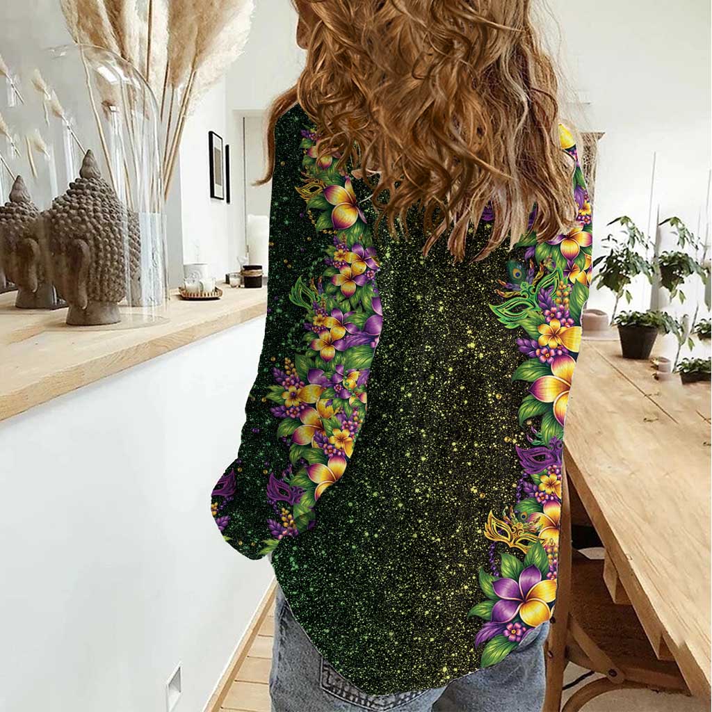 Hawaii Mardi Gras Women Casual Shirt Tropical Flowers Glitter Style