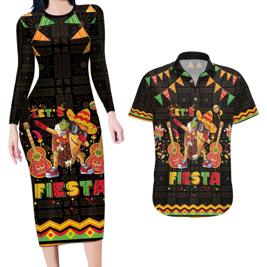 Mexico Cinco De Mayo Couples Matching Long Sleeve Bodycon Dress and Hawaiian Shirt Let's Fiesta Dabbing Taco