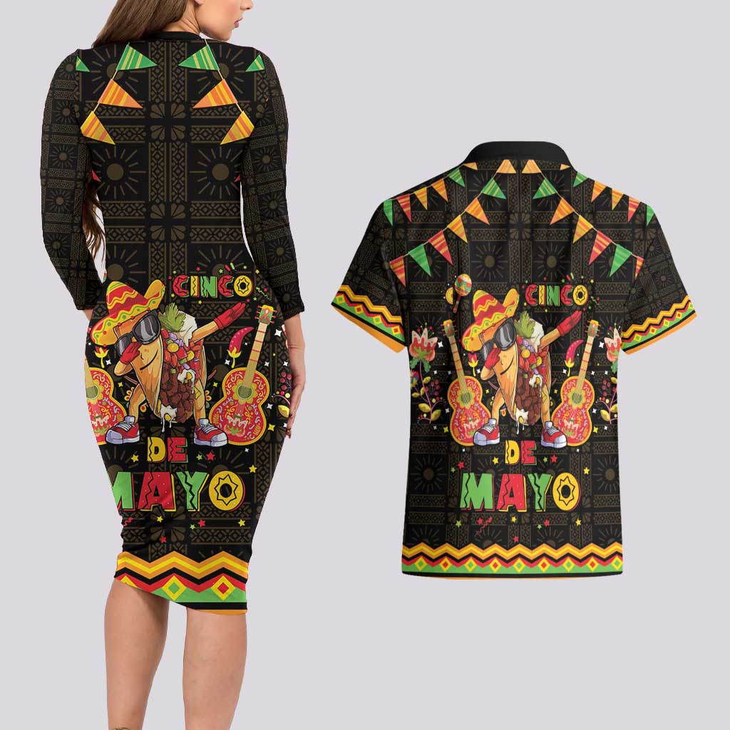Mexico Cinco De Mayo Couples Matching Long Sleeve Bodycon Dress and Hawaiian Shirt Let's Fiesta Dabbing Taco