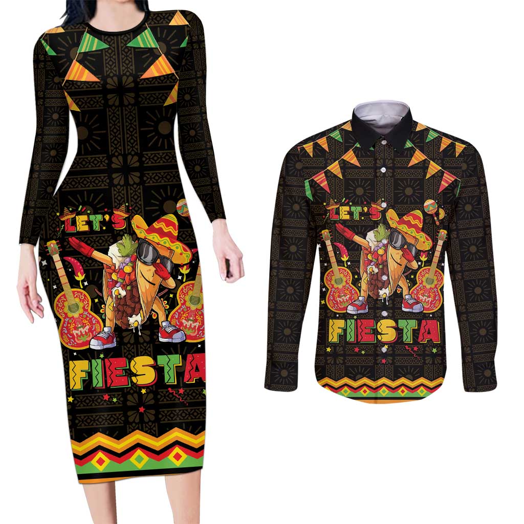 Mexico Cinco De Mayo Couples Matching Long Sleeve Bodycon Dress and Long Sleeve Button Shirt Let's Fiesta Dabbing Taco