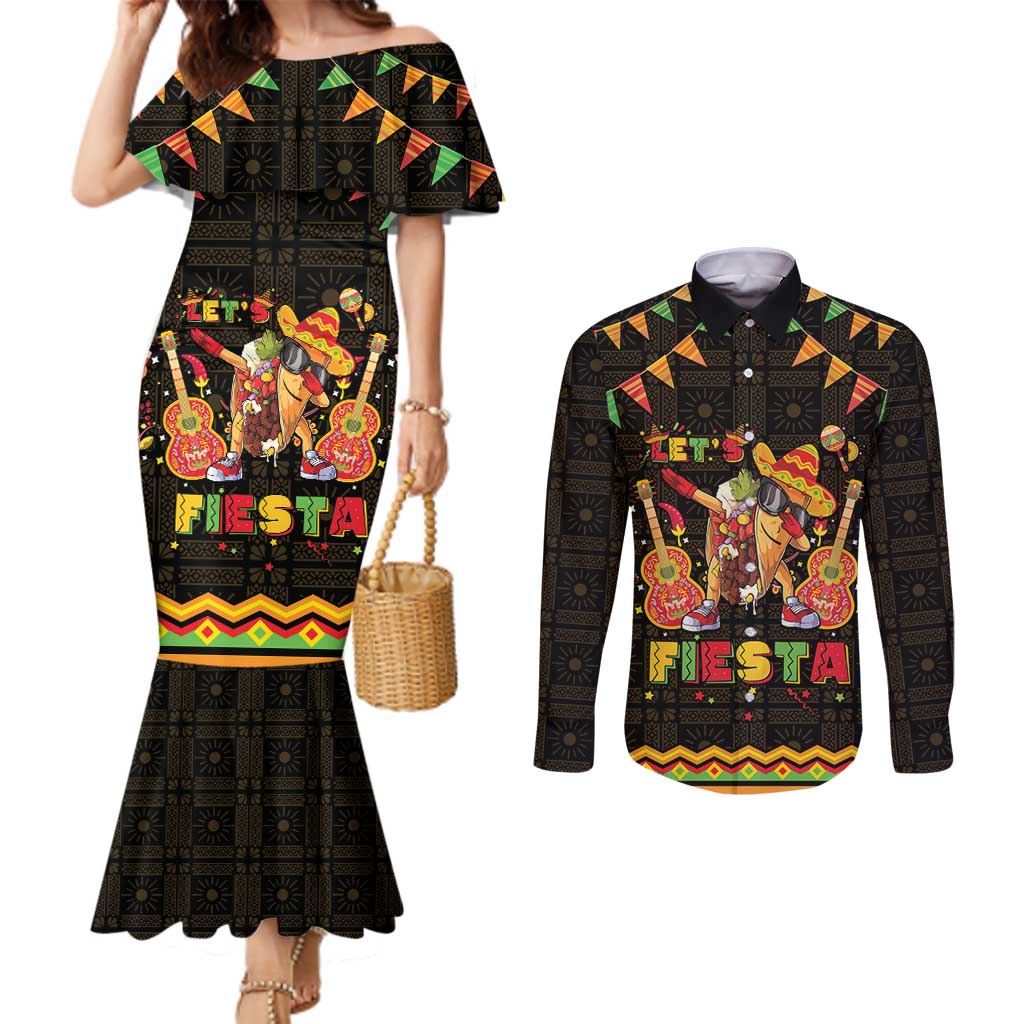 Mexico Cinco De Mayo Couples Matching Mermaid Dress and Long Sleeve Button Shirt Let's Fiesta Dabbing Taco