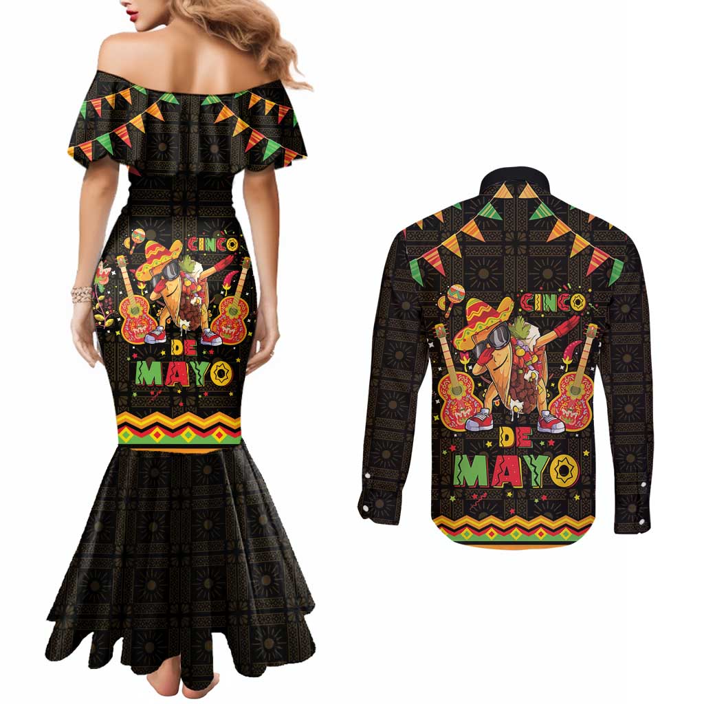 Mexico Cinco De Mayo Couples Matching Mermaid Dress and Long Sleeve Button Shirt Let's Fiesta Dabbing Taco