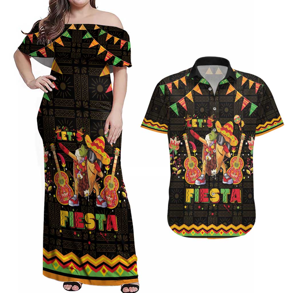 Mexico Cinco De Mayo Couples Matching Off Shoulder Maxi Dress and Hawaiian Shirt Let's Fiesta Dabbing Taco