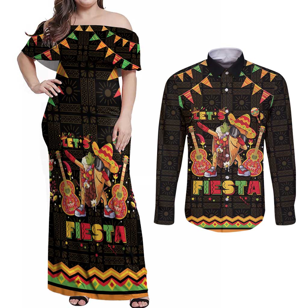 Mexico Cinco De Mayo Couples Matching Off Shoulder Maxi Dress and Long Sleeve Button Shirt Let's Fiesta Dabbing Taco