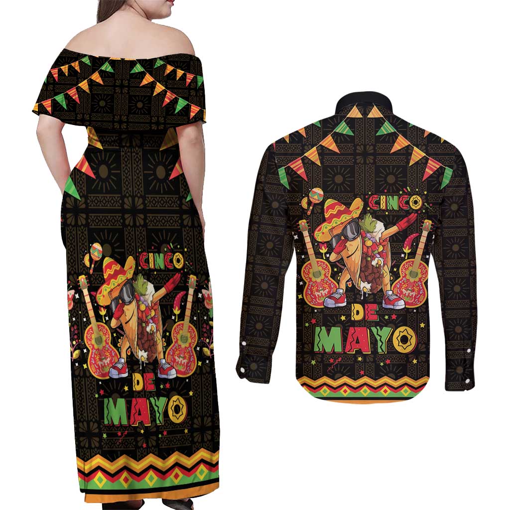 Mexico Cinco De Mayo Couples Matching Off Shoulder Maxi Dress and Long Sleeve Button Shirt Let's Fiesta Dabbing Taco