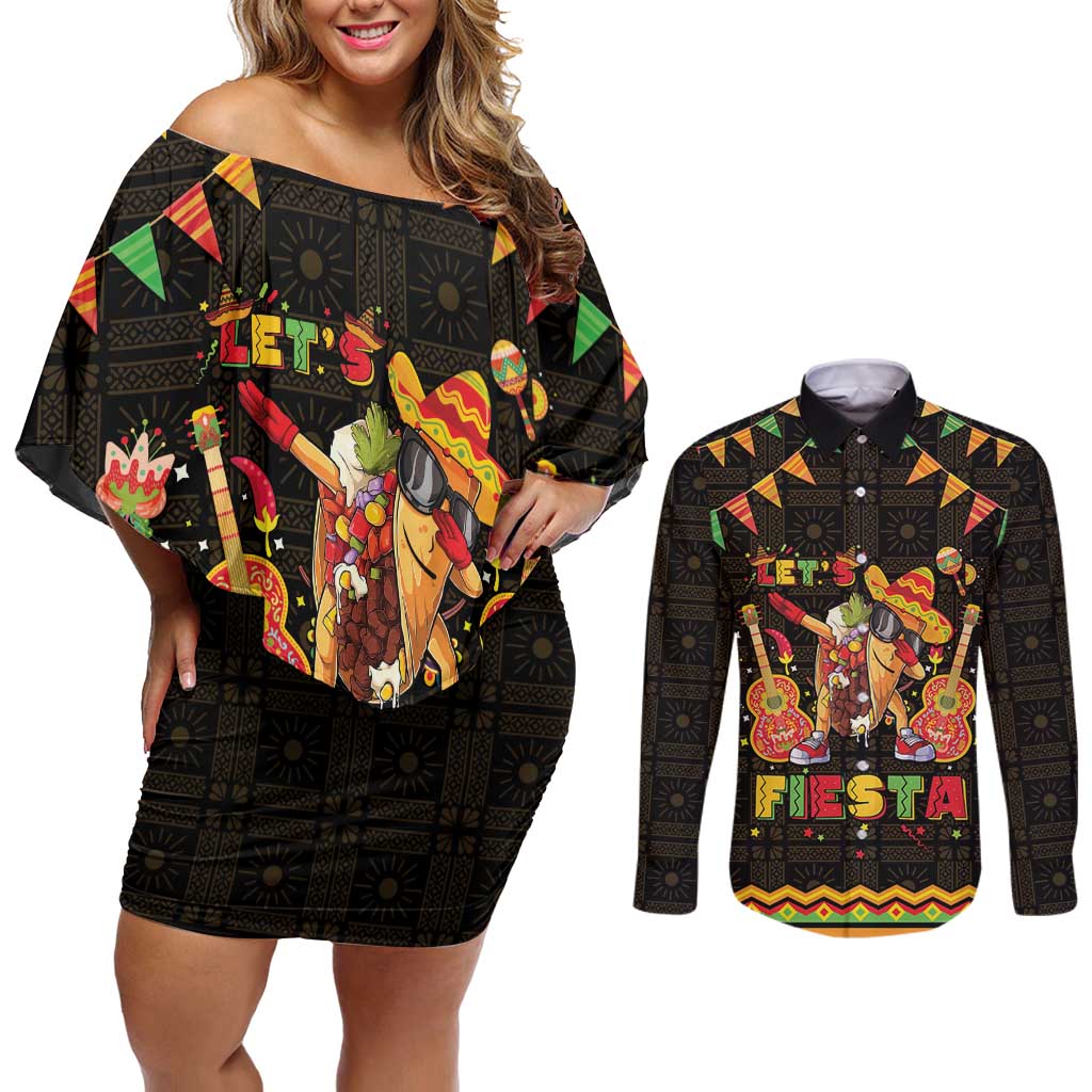 Mexico Cinco De Mayo Couples Matching Off Shoulder Short Dress and Long Sleeve Button Shirt Let's Fiesta Dabbing Taco