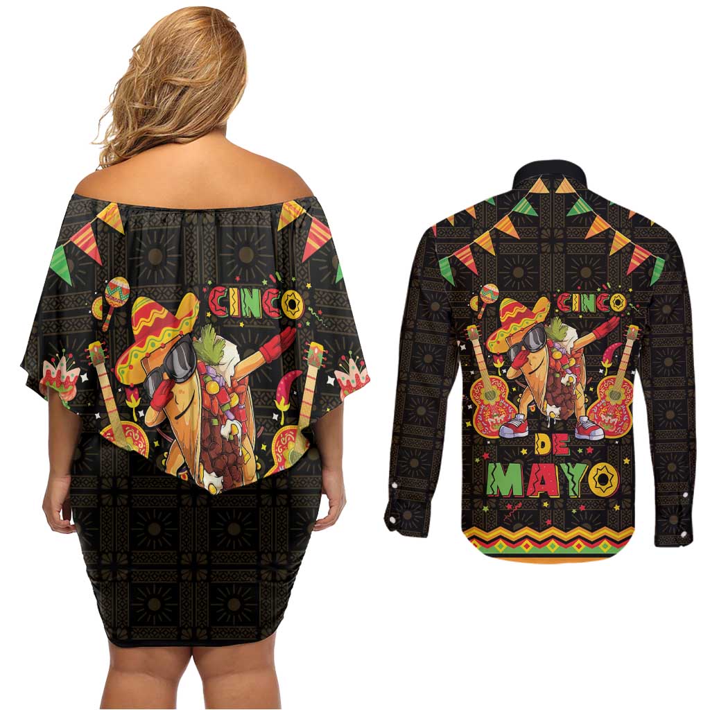 Mexico Cinco De Mayo Couples Matching Off Shoulder Short Dress and Long Sleeve Button Shirt Let's Fiesta Dabbing Taco