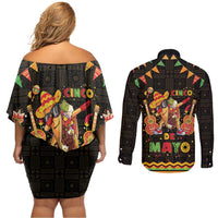 Mexico Cinco De Mayo Couples Matching Off Shoulder Short Dress and Long Sleeve Button Shirt Let's Fiesta Dabbing Taco