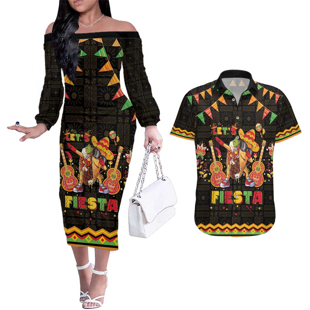 Mexico Cinco De Mayo Couples Matching Off The Shoulder Long Sleeve Dress and Hawaiian Shirt Let's Fiesta Dabbing Taco