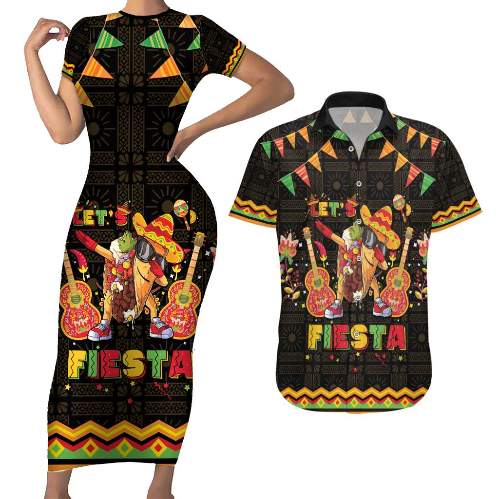 Mexico Cinco De Mayo Couples Matching Short Sleeve Bodycon Dress and Hawaiian Shirt Let's Fiesta Dabbing Taco