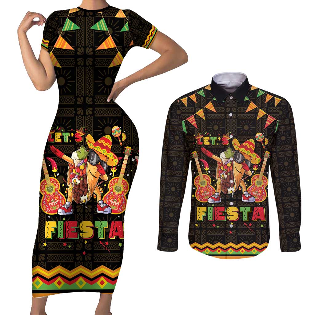 Mexico Cinco De Mayo Couples Matching Short Sleeve Bodycon Dress and Long Sleeve Button Shirt Let's Fiesta Dabbing Taco
