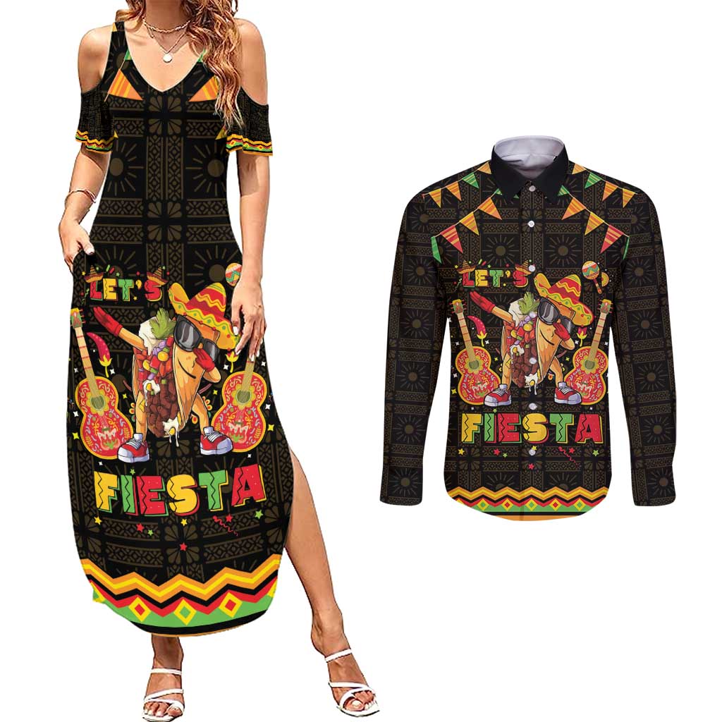 Mexico Cinco De Mayo Couples Matching Summer Maxi Dress and Long Sleeve Button Shirt Let's Fiesta Dabbing Taco
