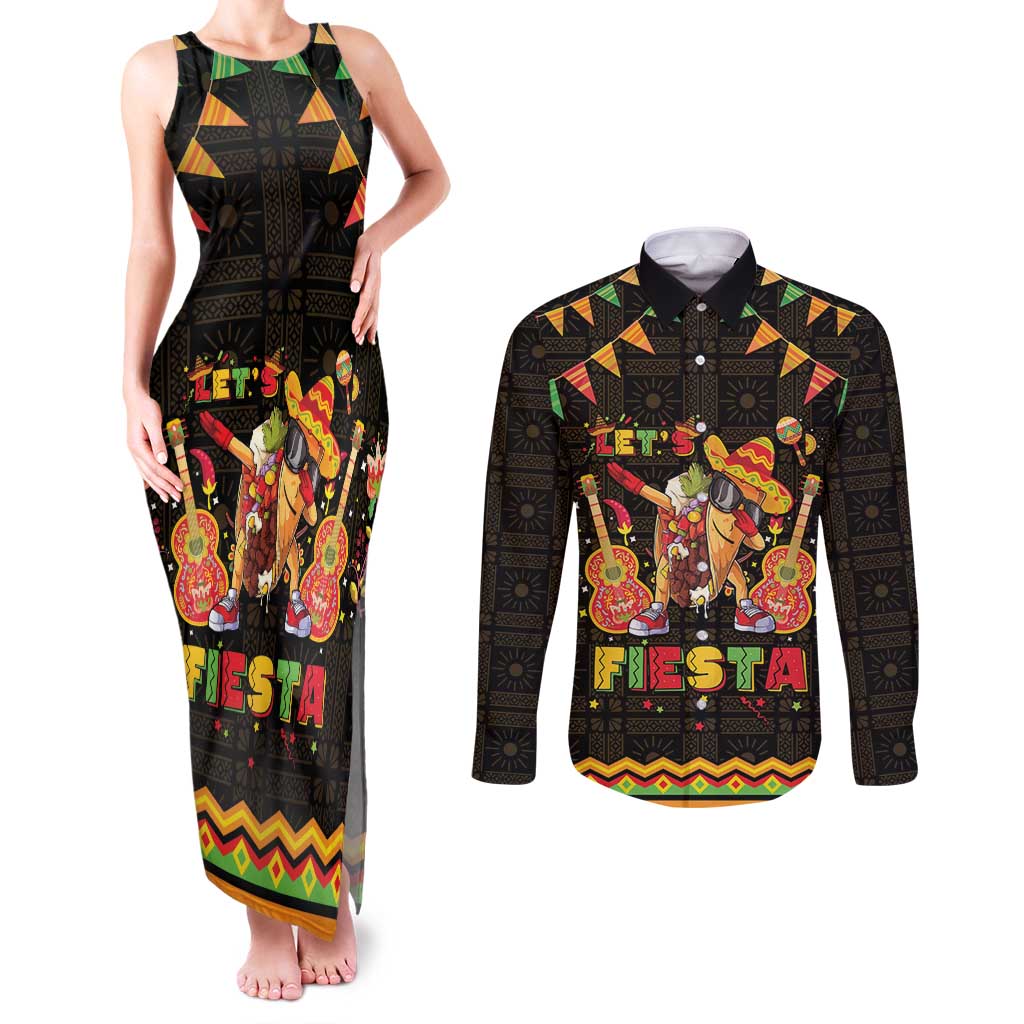 Mexico Cinco De Mayo Couples Matching Tank Maxi Dress and Long Sleeve Button Shirt Let's Fiesta Dabbing Taco