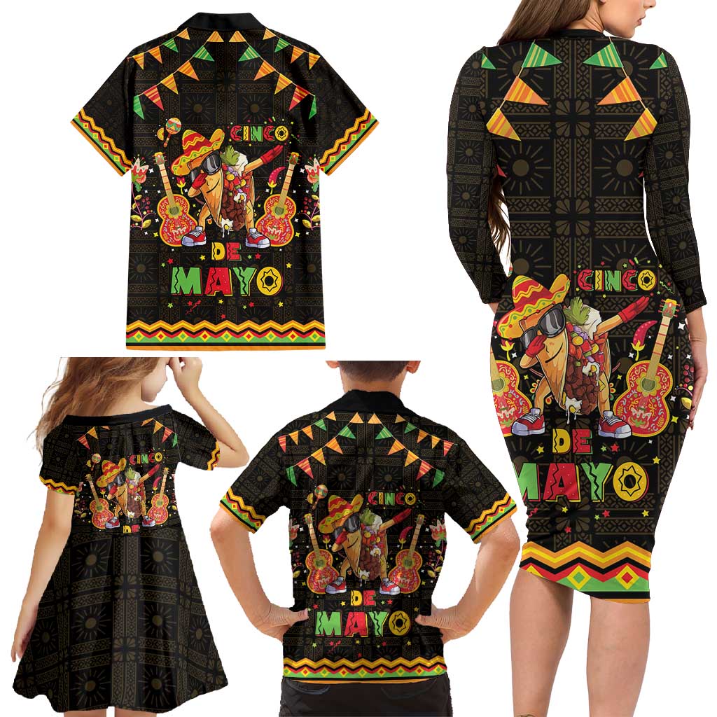 Mexico Cinco De Mayo Family Matching Long Sleeve Bodycon Dress and Hawaiian Shirt Let's Fiesta Dabbing Taco