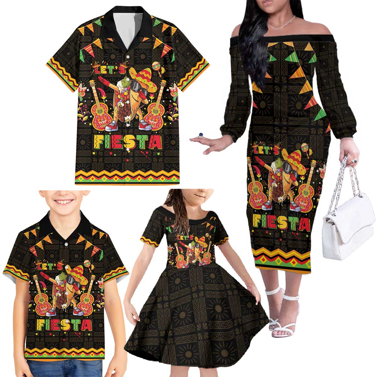 Mexico Cinco De Mayo Family Matching Off The Shoulder Long Sleeve Dress and Hawaiian Shirt Let's Fiesta Dabbing Taco